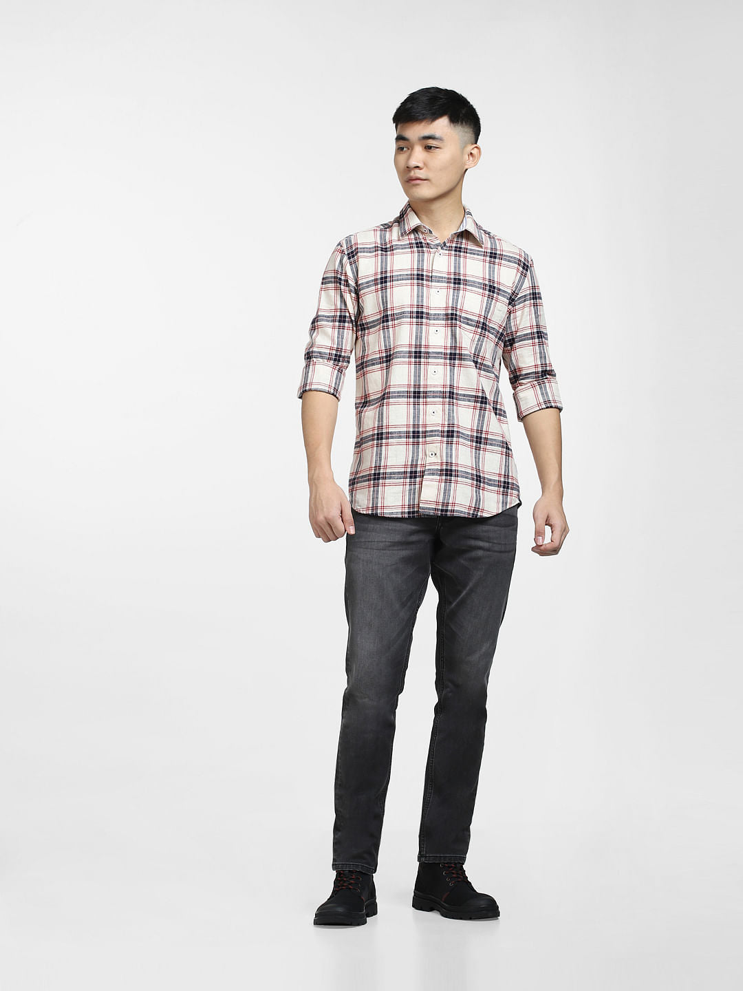 Beige Check Print Full Sleeves Shirt