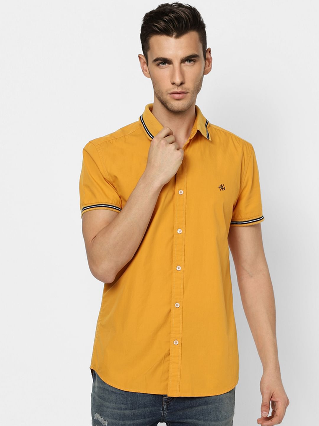 Orange Contrast Tipping Half Sleeves Shirt