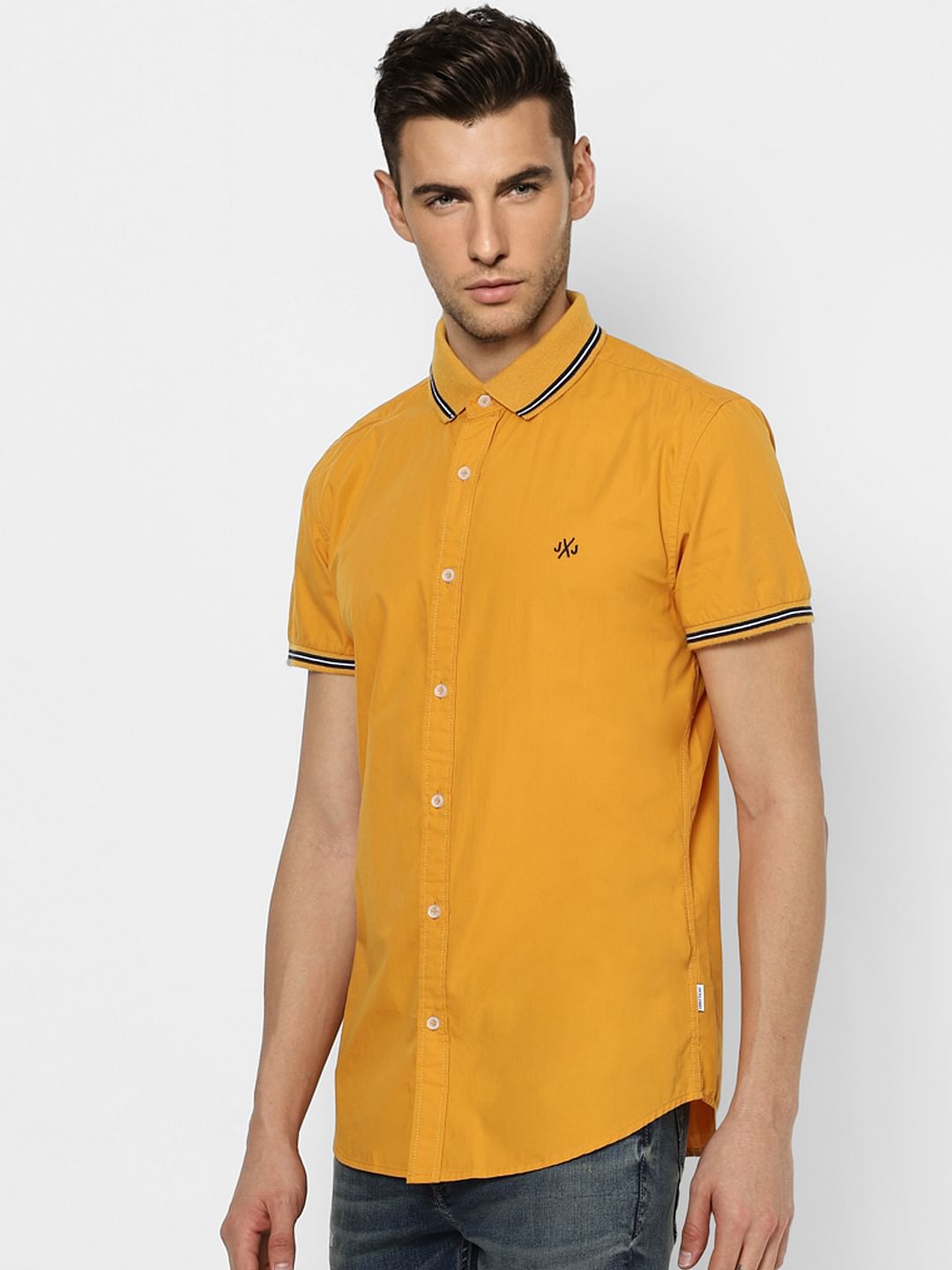 Orange Contrast Tipping Half Sleeves Shirt