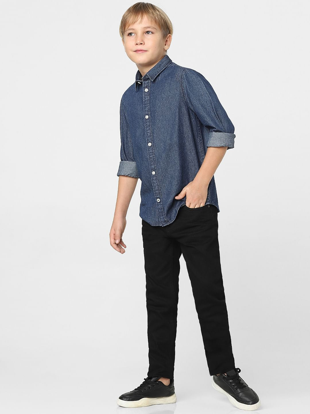 Boys Dark Blue Denim Full Sleeves Shirt