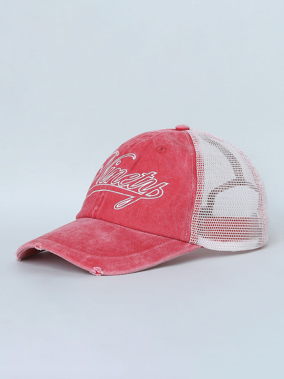 Red Embroidered Denim Cap