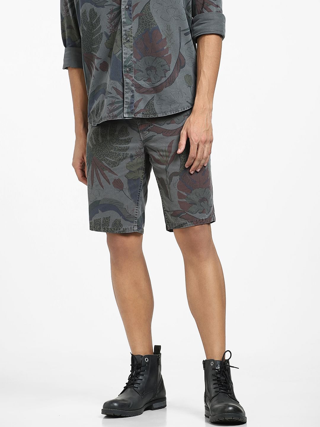 Grey Low Rise Floral Co-ord Set Shorts