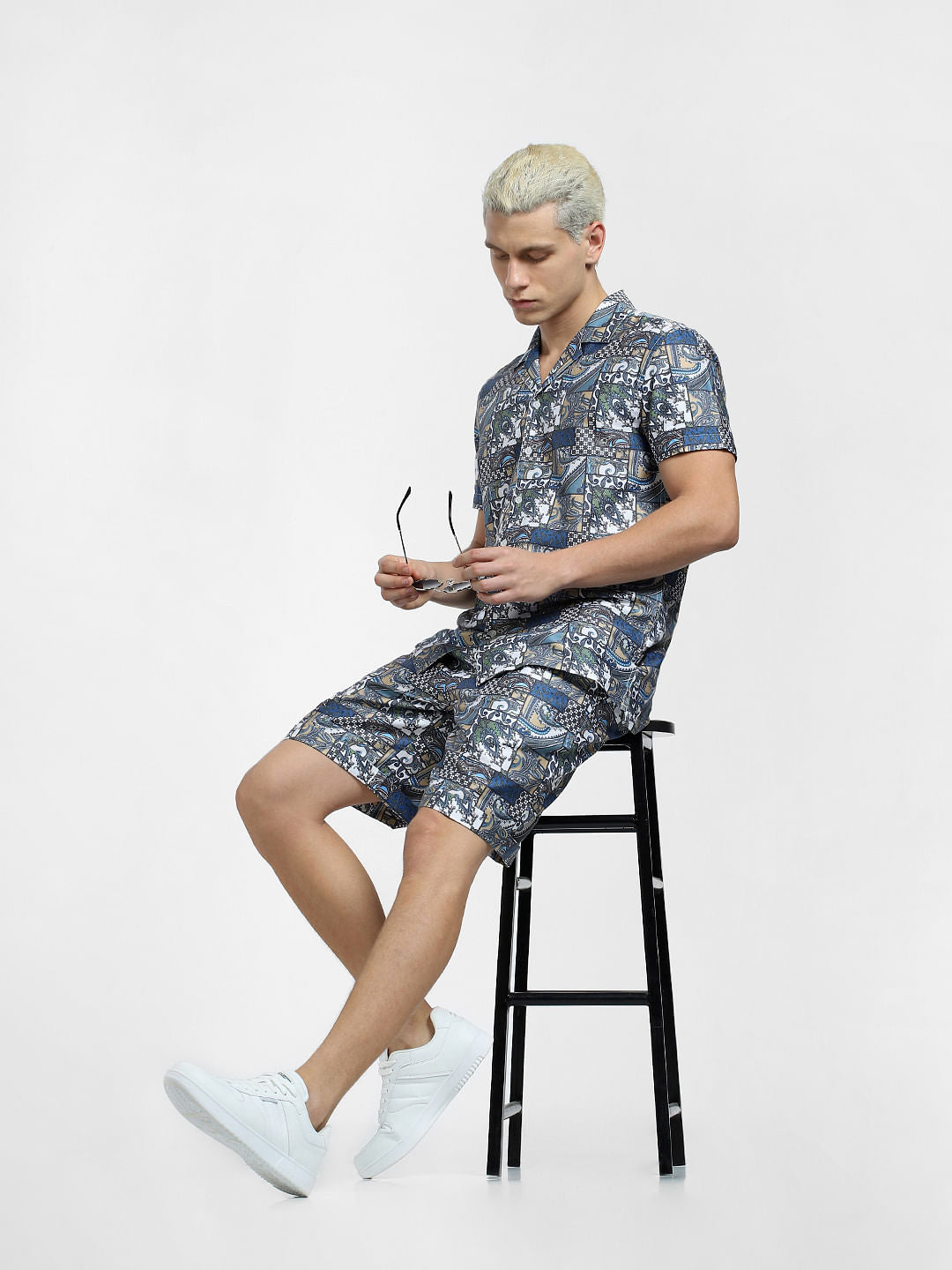 Blue Mid Rise Printed Co-ord Shorts