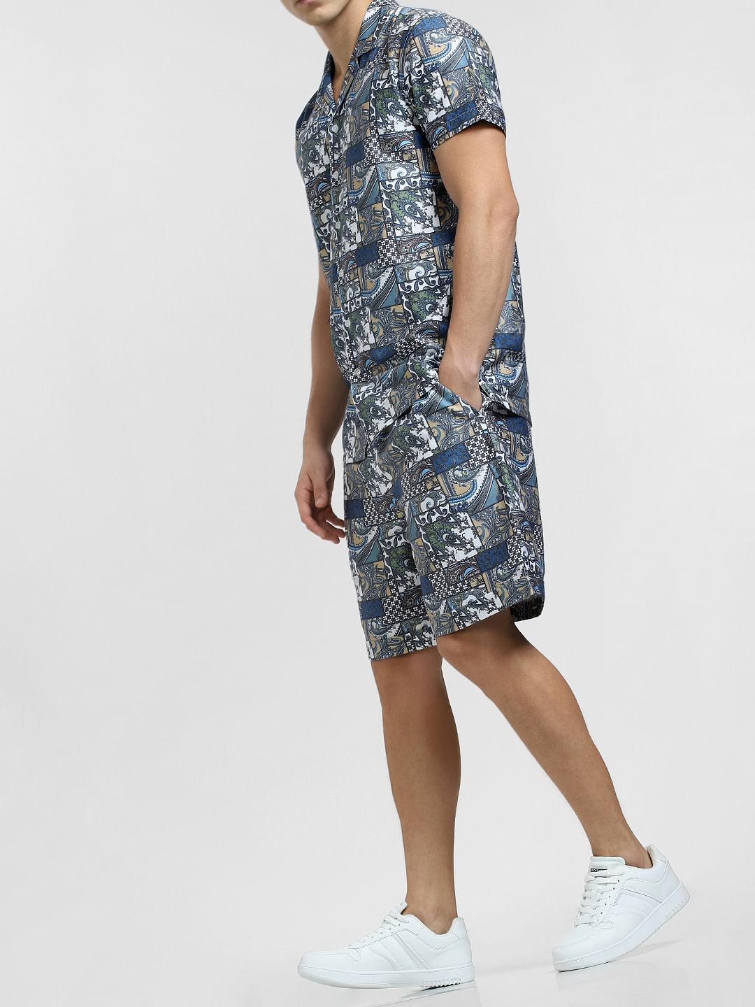 Blue Mid Rise Printed Co-ord Shorts