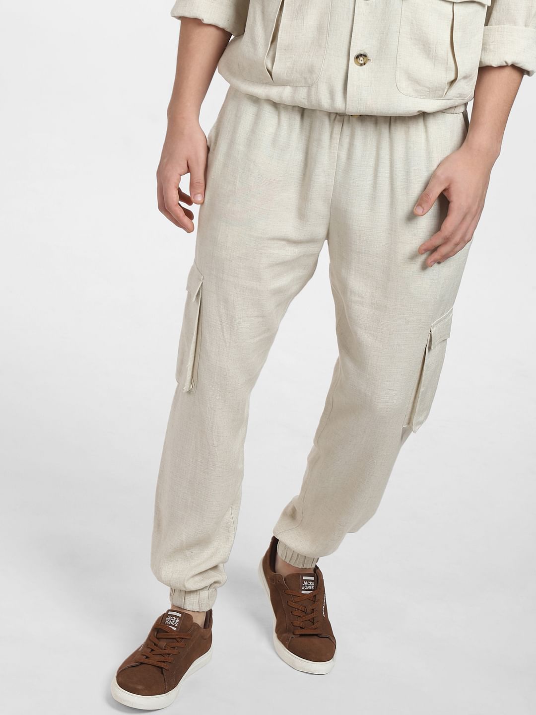 Beige Mid Rise Linen Co-ord Pants