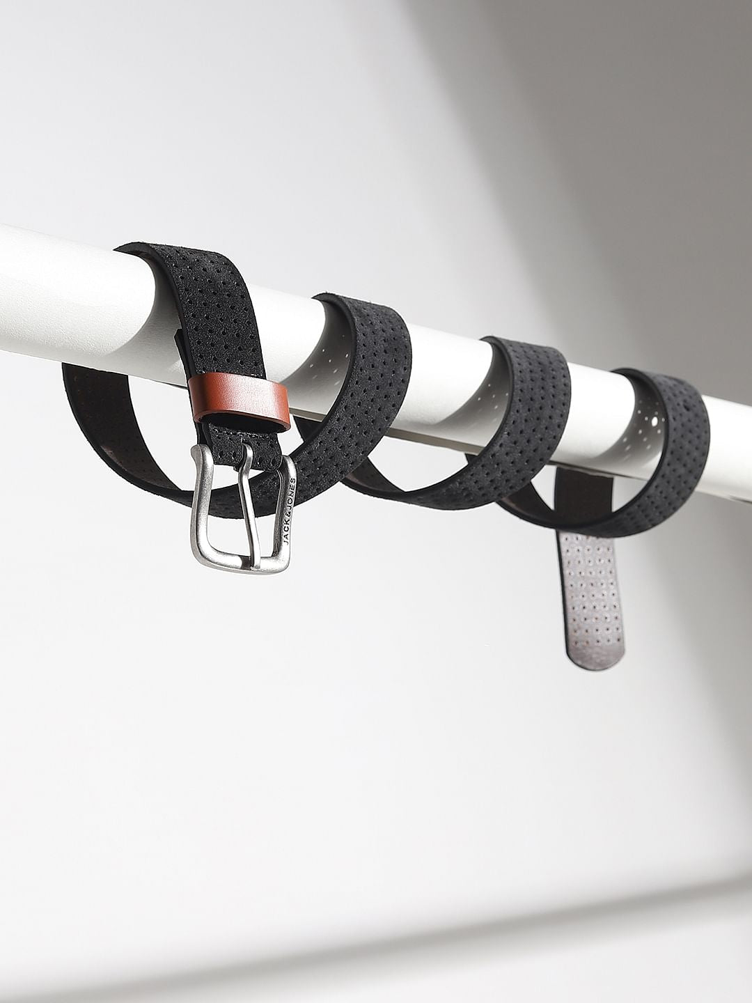 Black Perforated Detail Leather Belt