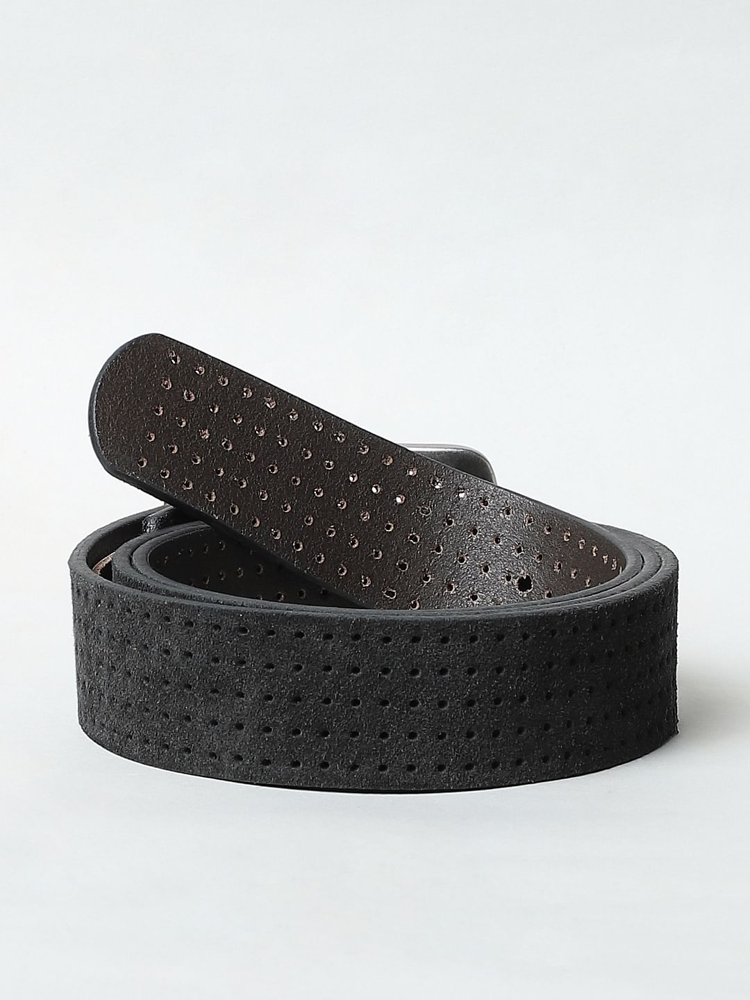 Black Perforated Detail Leather Belt
