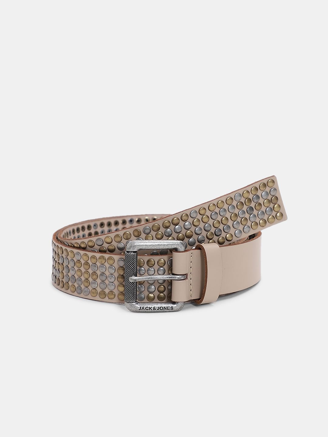 Beige Studded Leather Belt