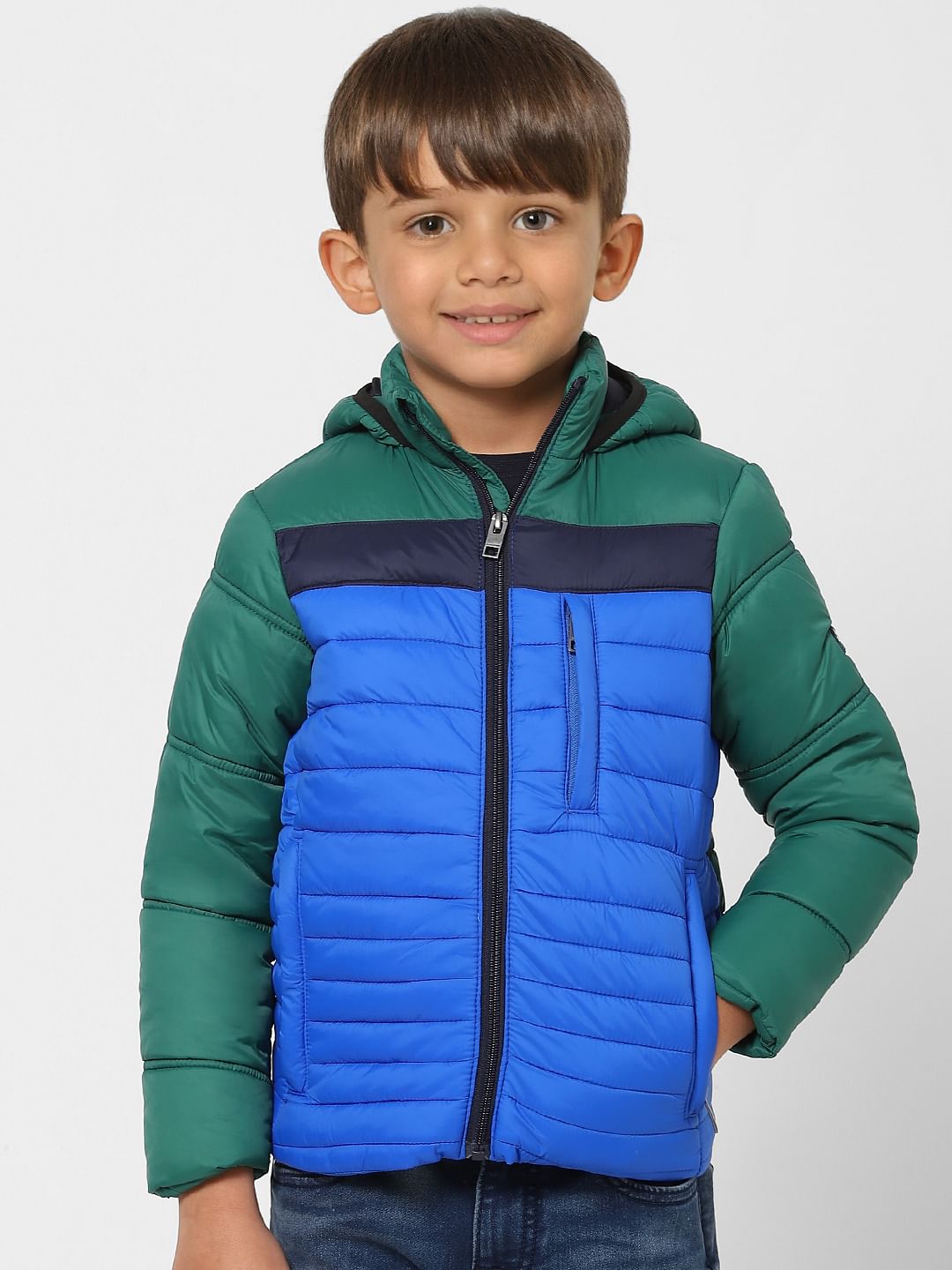 Boys Blue Colourblocked Puffer Jacket
