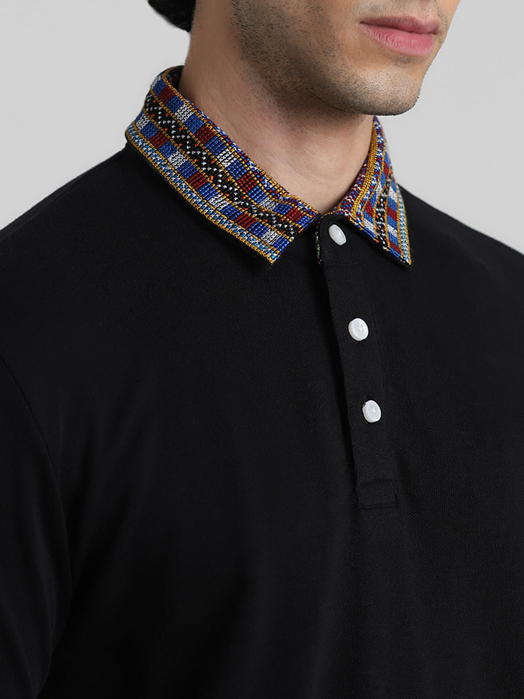 JACK&JONES X KUTCH BLACK PATCHWORK COLLAR POLO T-SHIRT