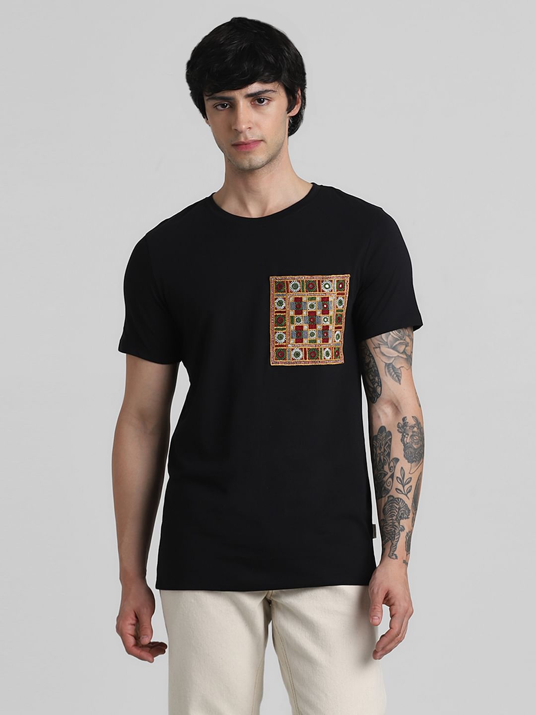 JACK&JONES X KUTCH BLACK PATCHWORK DETAIL T-SHIRT