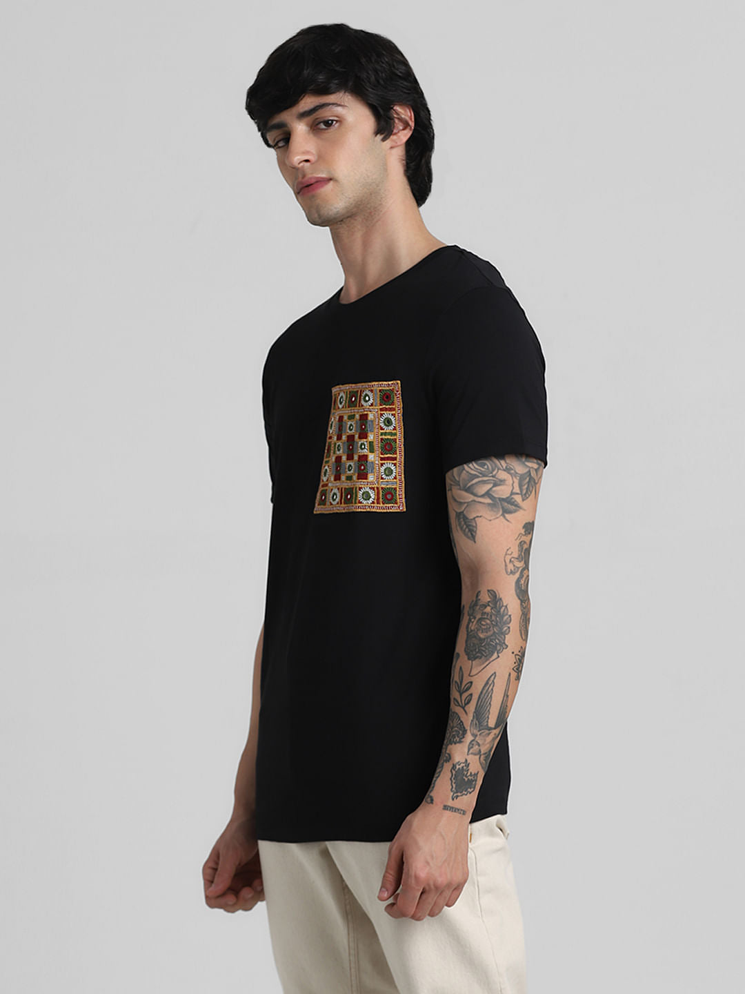 JACK&JONES X KUTCH BLACK PATCHWORK DETAIL T-SHIRT
