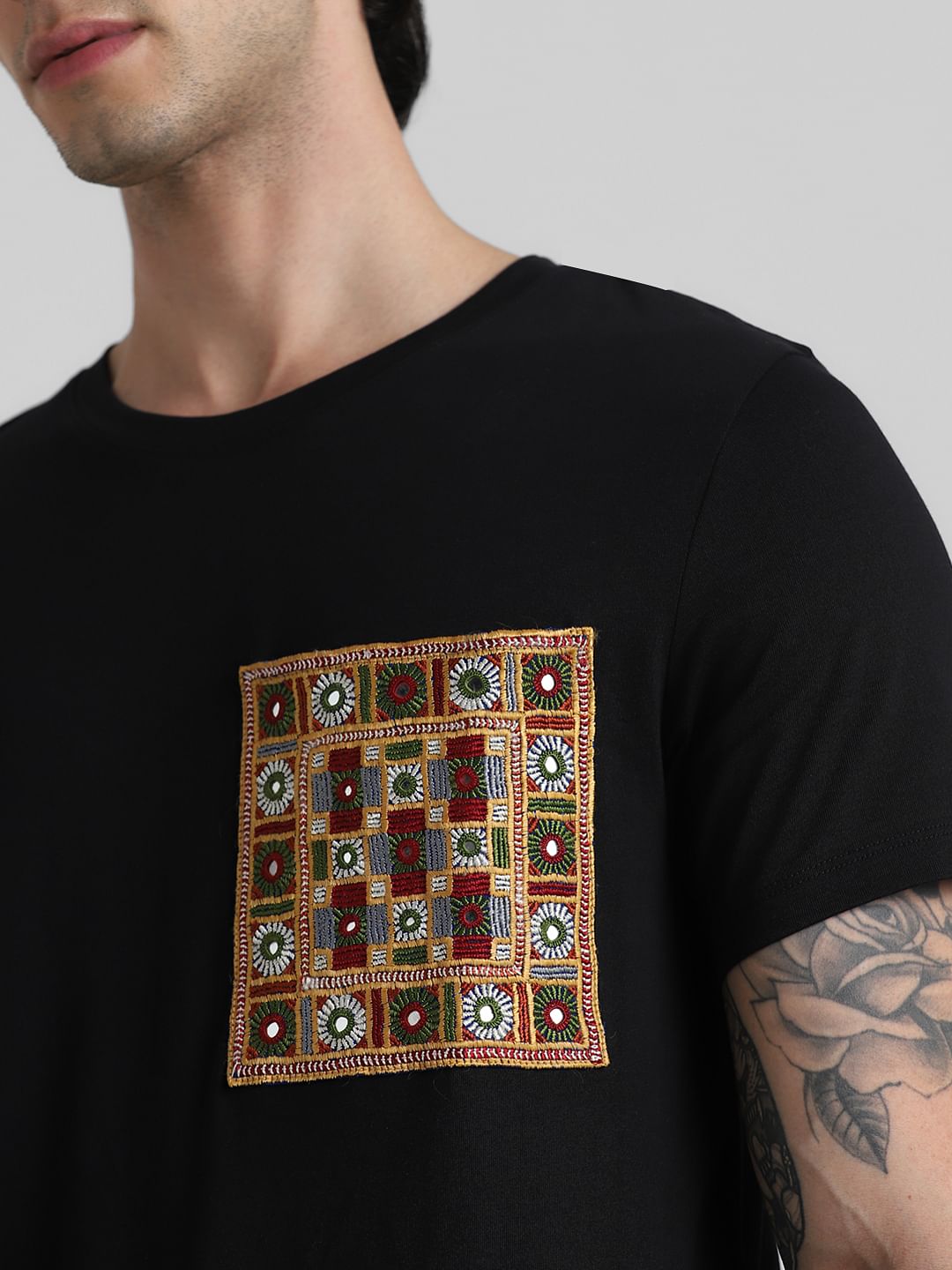 JACK&JONES X KUTCH BLACK PATCHWORK DETAIL T-SHIRT