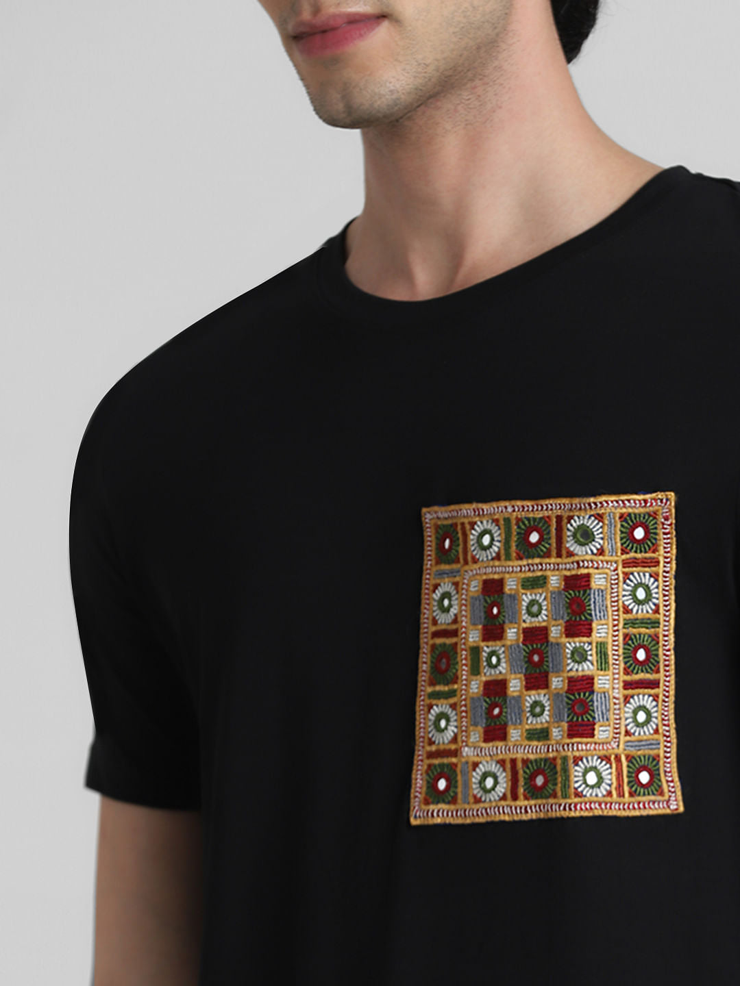 JACK&JONES X KUTCH BLACK PATCHWORK DETAIL T-SHIRT