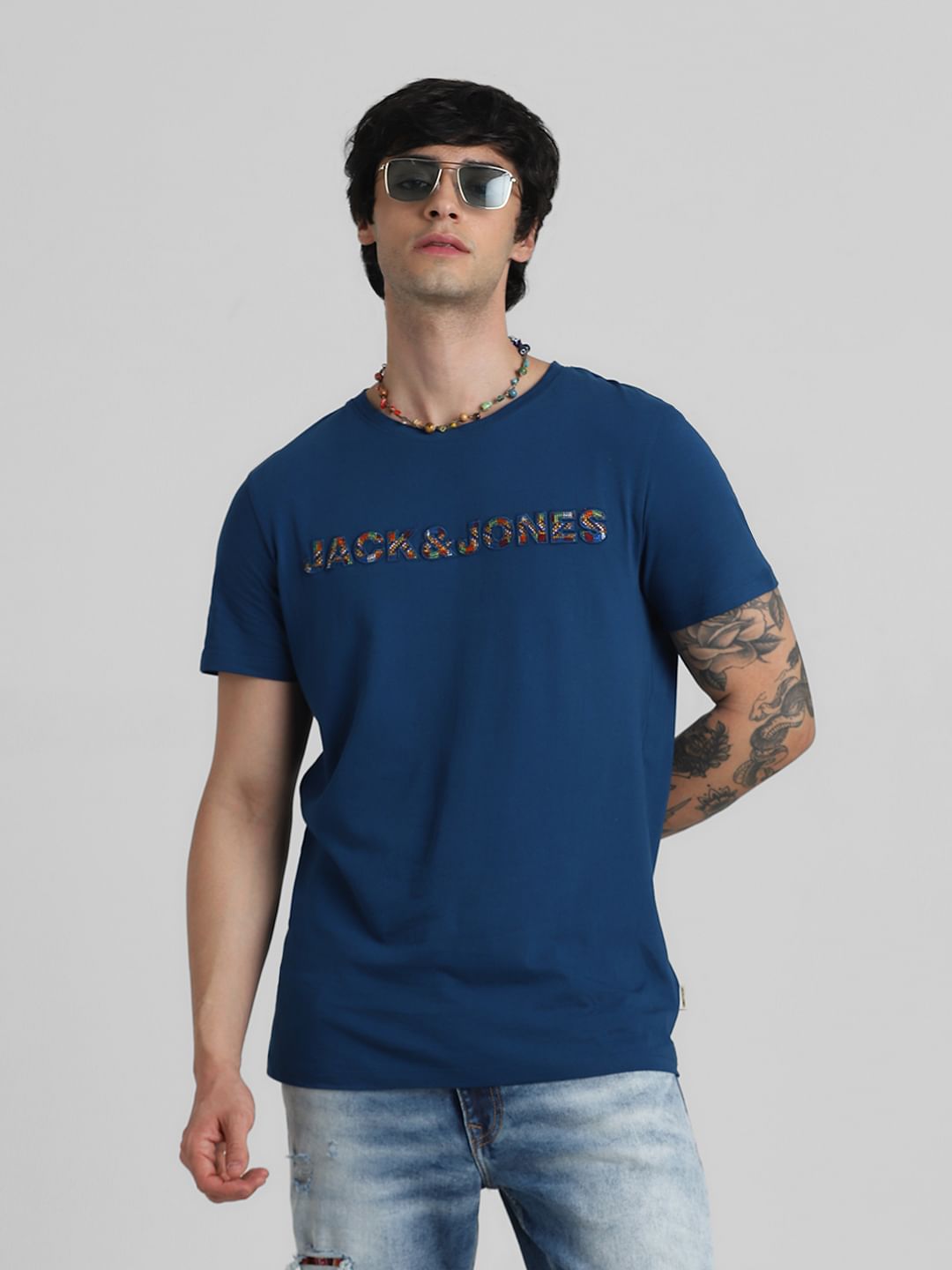 JACK&JONES X KUTCH BLUE EMBROIDERED SLIM FIT T-SHIRT