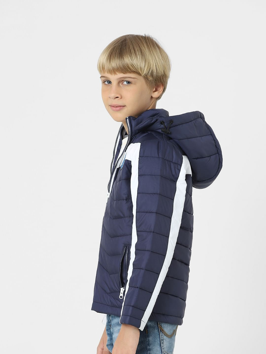 Boys Blue Colourblocked Puffer Jacket