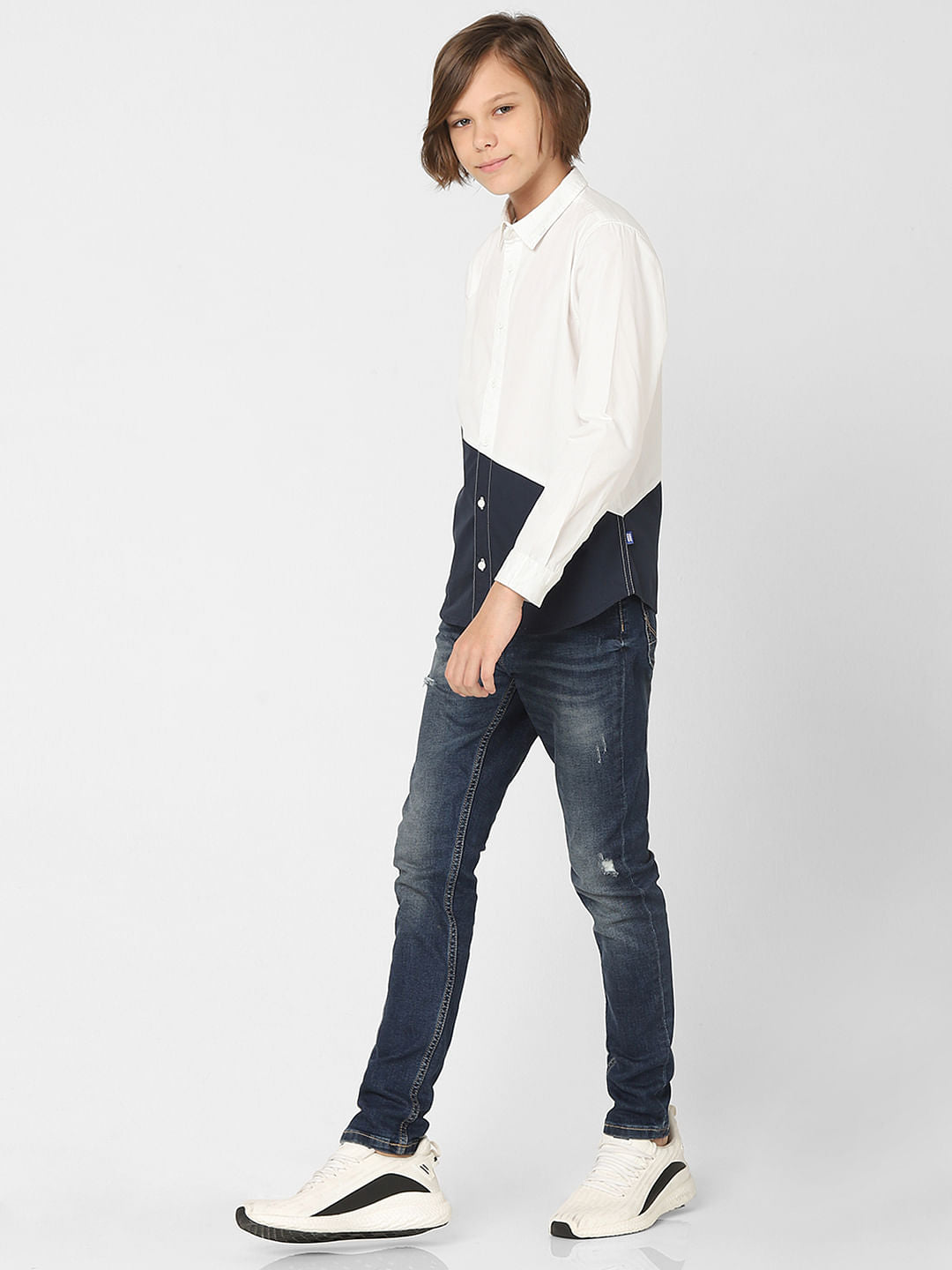 Boys White Colourblocked Full Sleeves Shirt