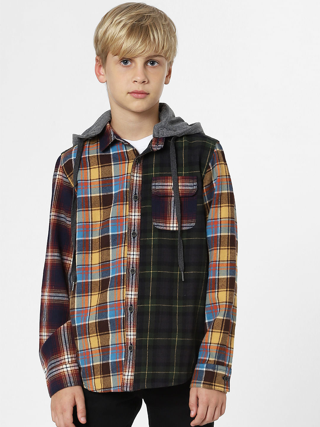 Boys Orange Check Print Full Sleeves Shirt