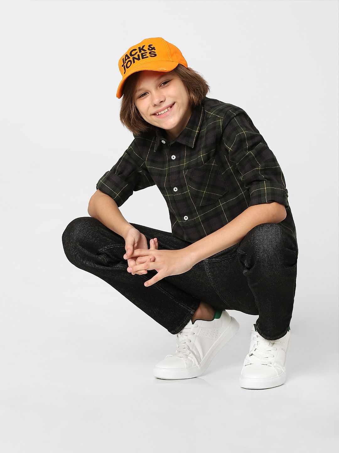 Boys Dark Green Check Full Sleeves Shirt