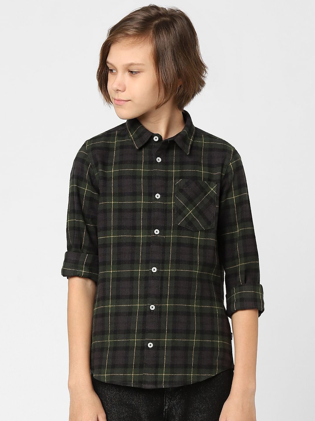 Boys Dark Green Check Full Sleeves Shirt