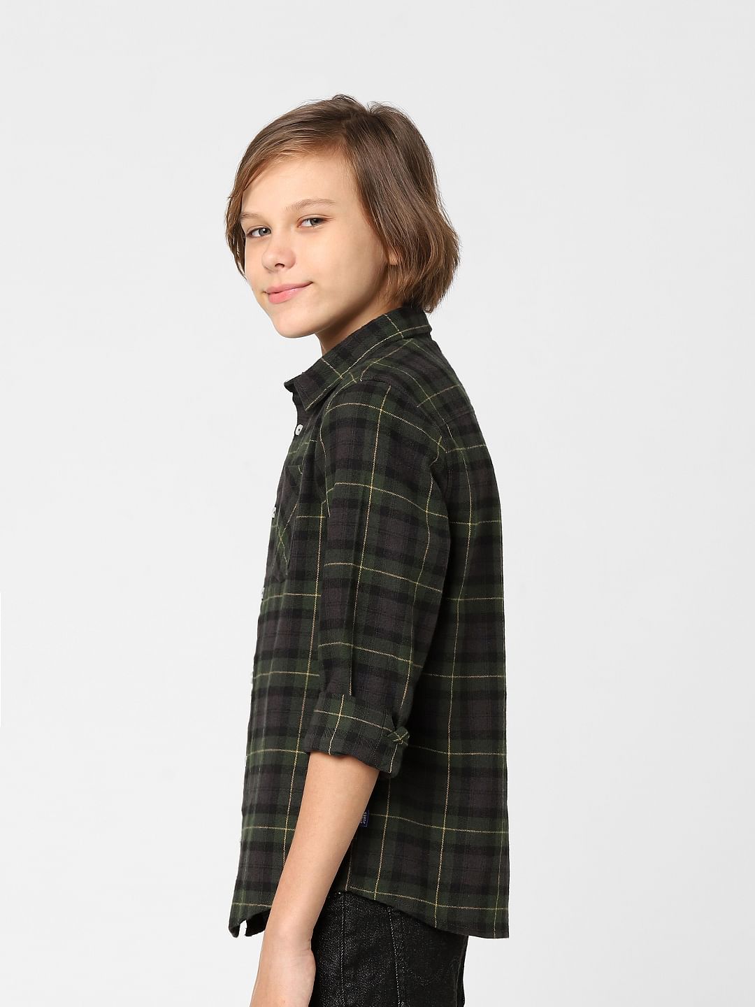 Boys Dark Green Check Full Sleeves Shirt