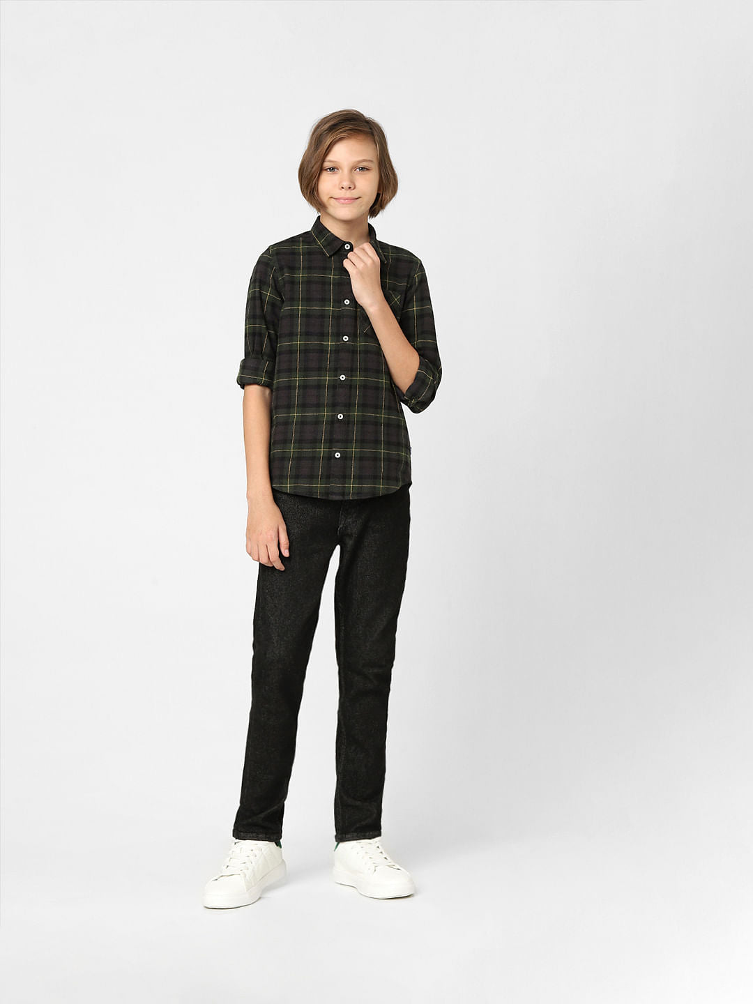 Boys Dark Green Check Full Sleeves Shirt