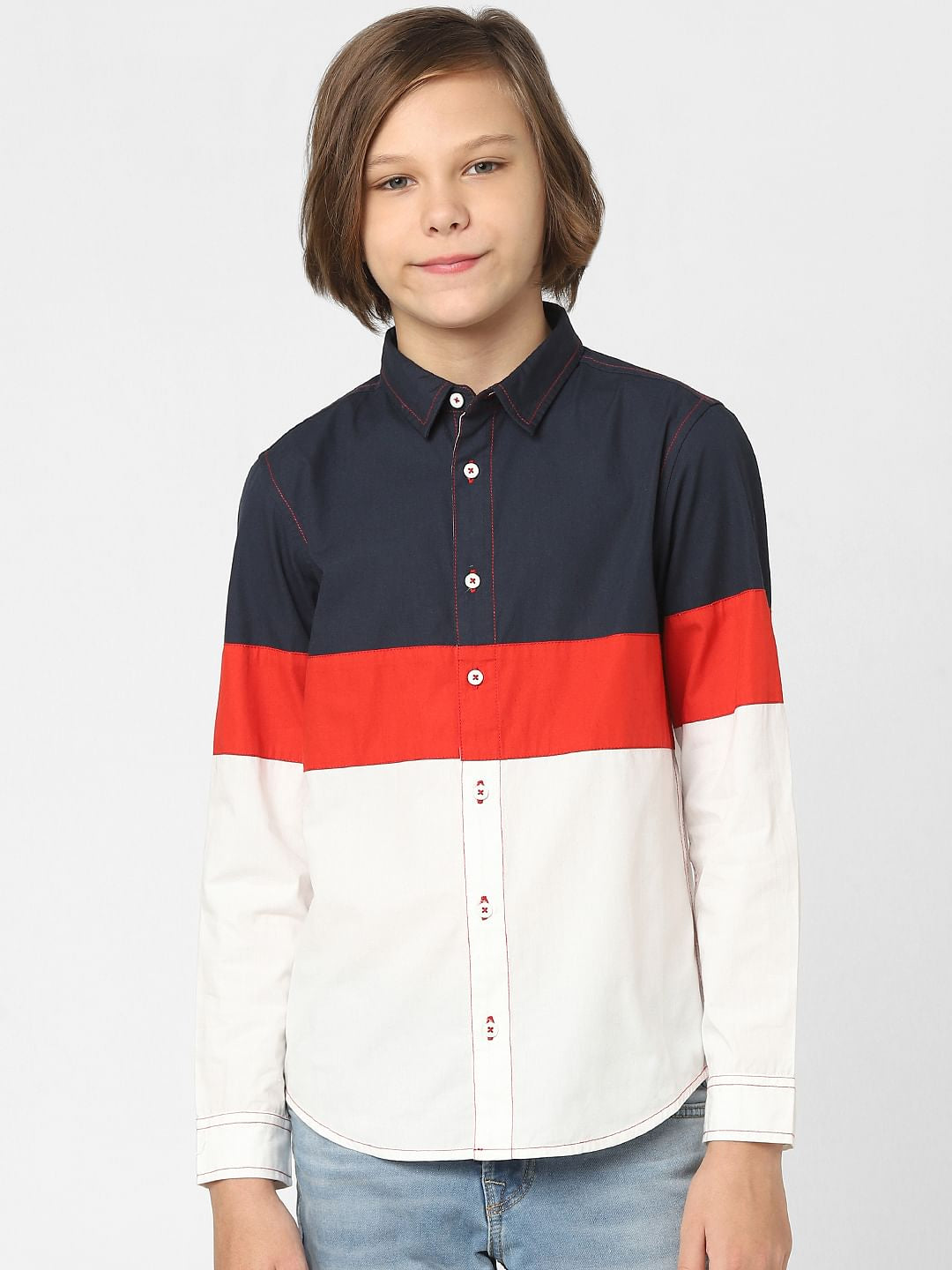 Boys White Colourblocked Full Sleeves Shirt