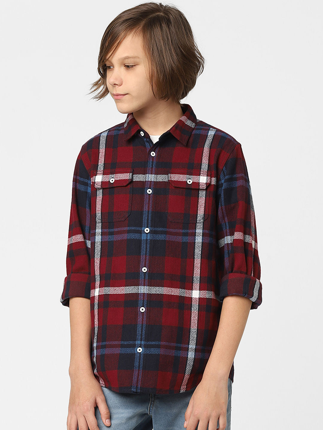 Boys Red Check Full Sleeves Shirt