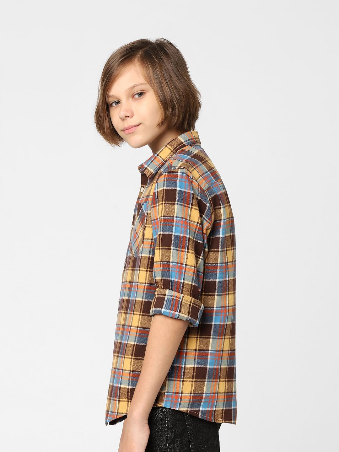Boys Yellow Check Full Sleeves Shirt