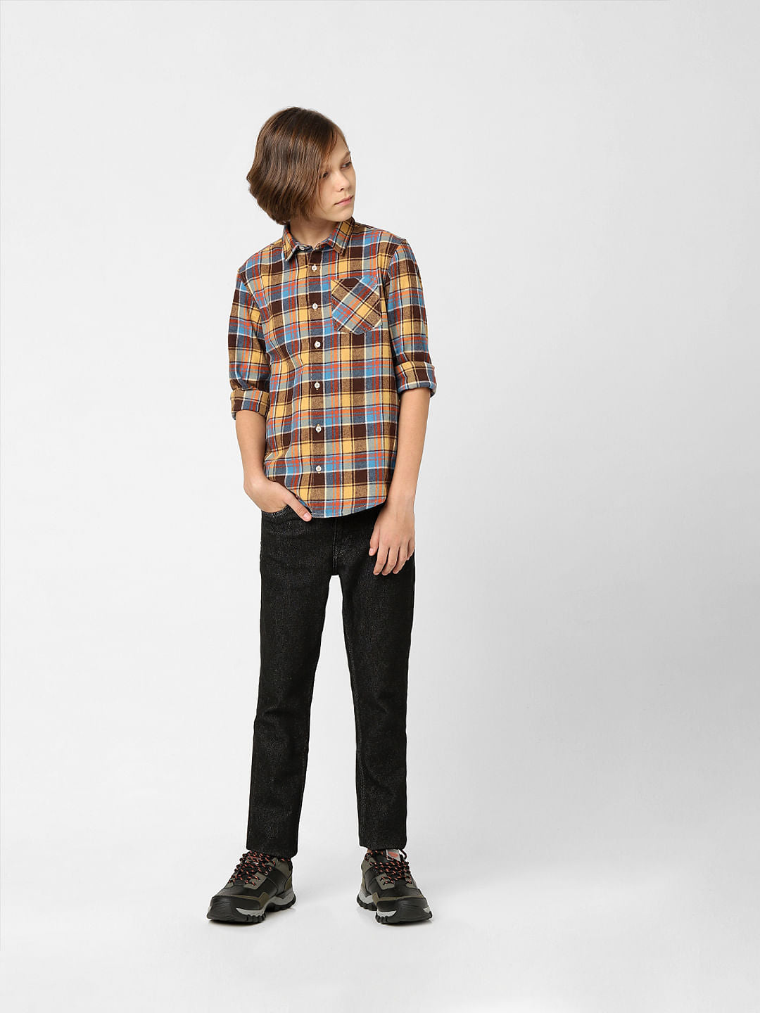 Boys Yellow Check Full Sleeves Shirt