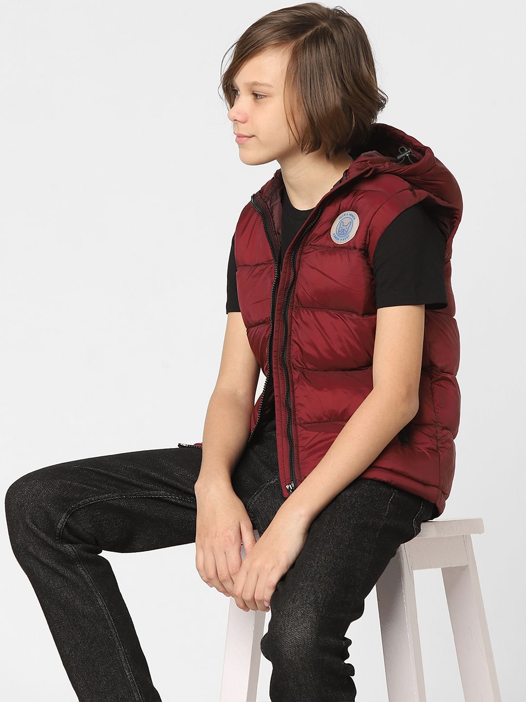 Boys Dark Red Hooded Puffer Jacket