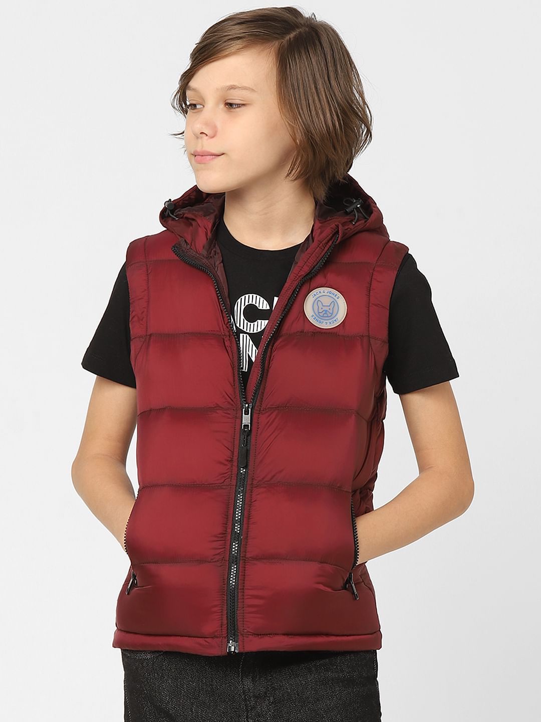 Boys Dark Red Hooded Puffer Jacket