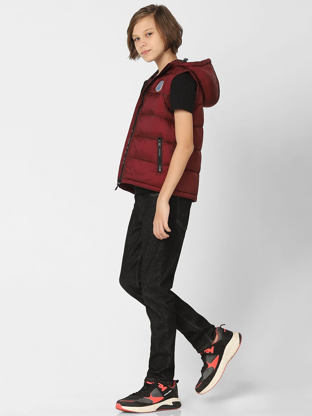 Boys Dark Red Hooded Puffer Jacket