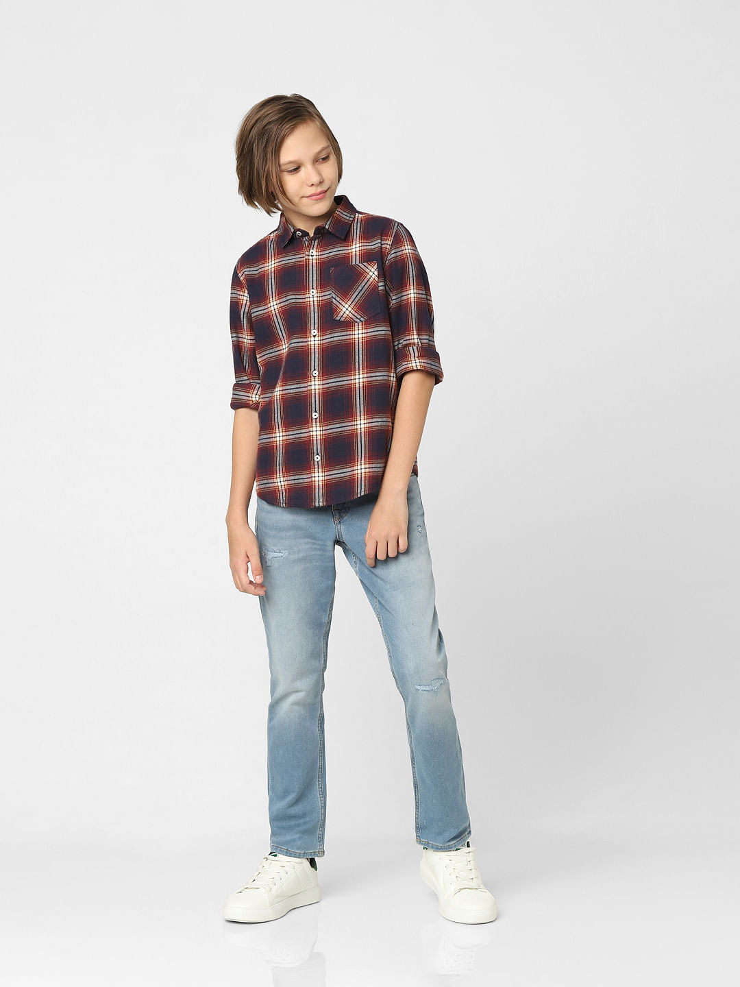 Boys Red Check Full Sleeves Shirt