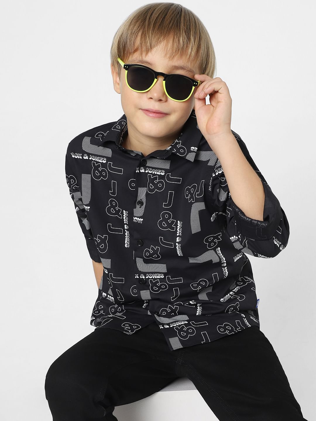 Boys Black Logo Print Full Sleeves Shirt