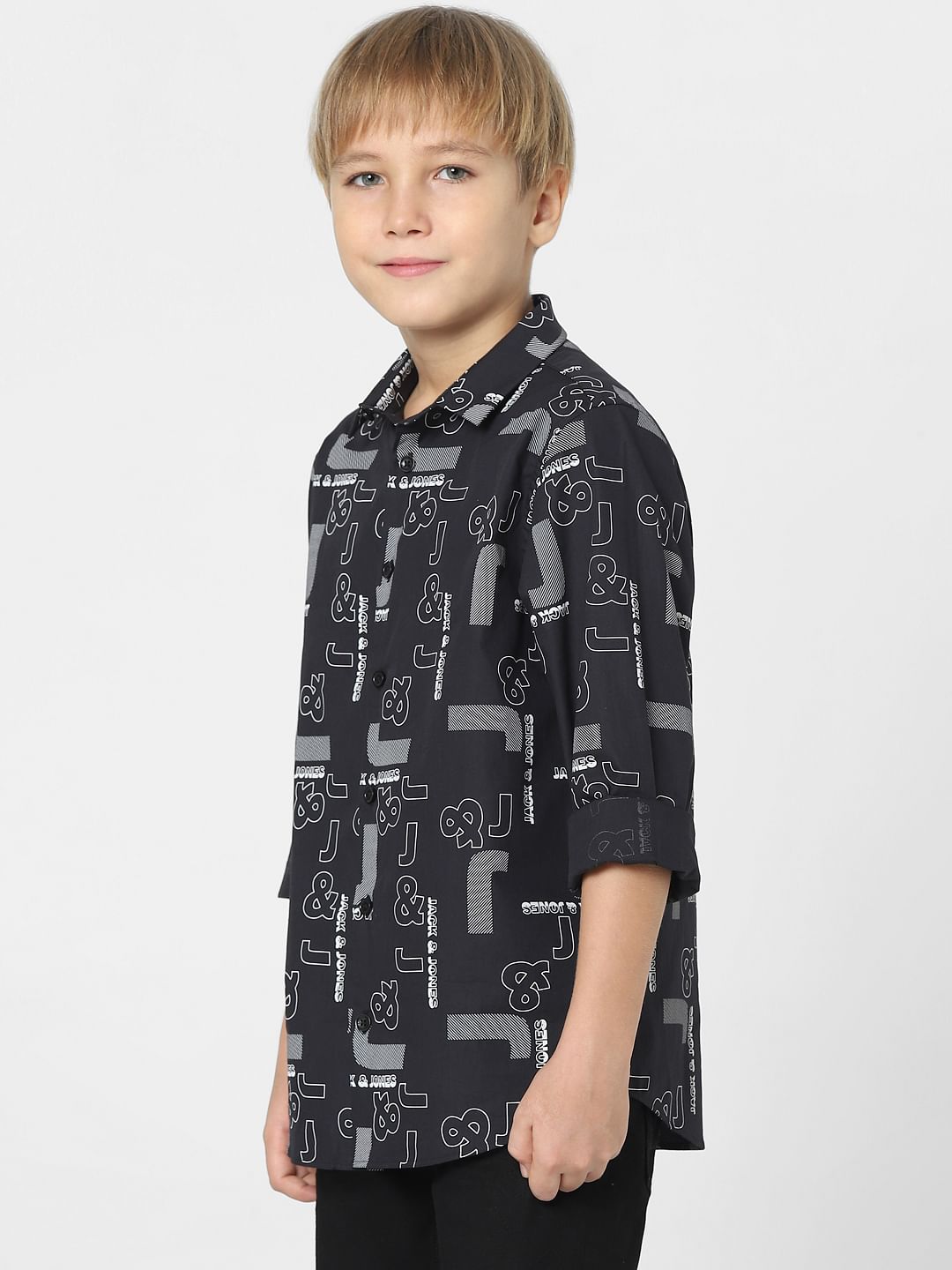 Boys Black Logo Print Full Sleeves Shirt