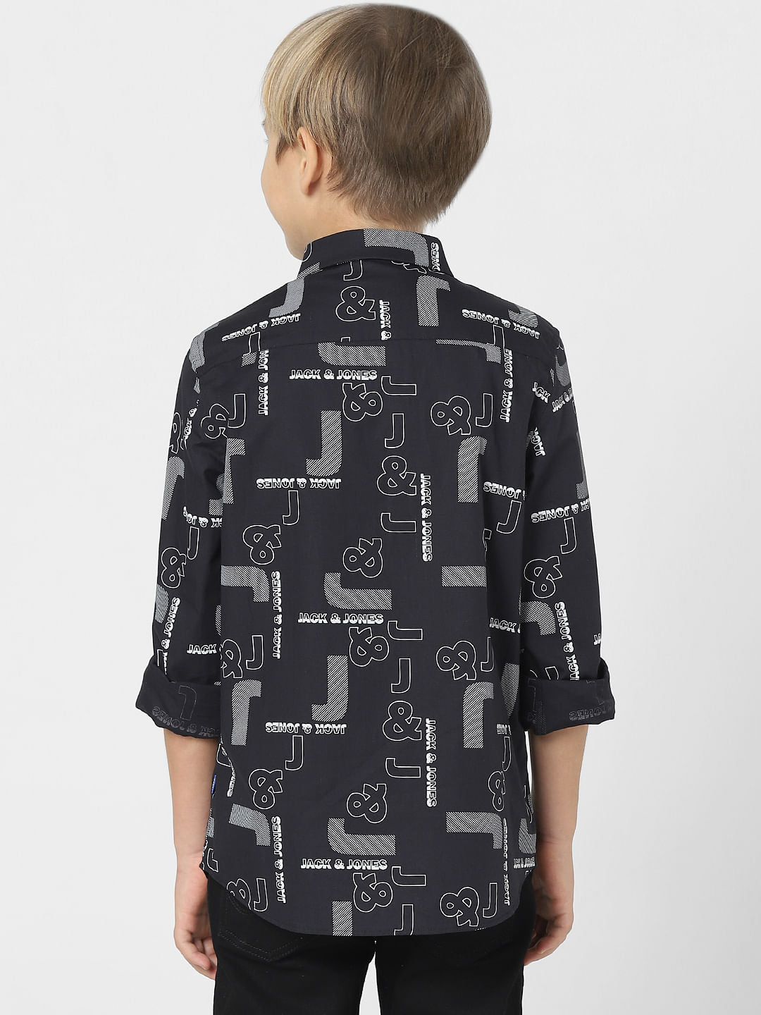 Boys Black Logo Print Full Sleeves Shirt