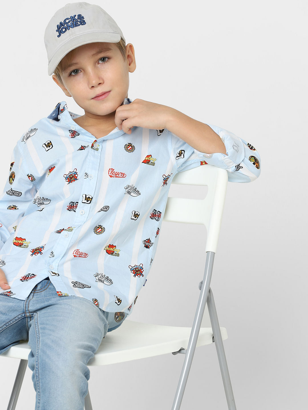 Boys Blue Badge Print Full Sleeves Shirt