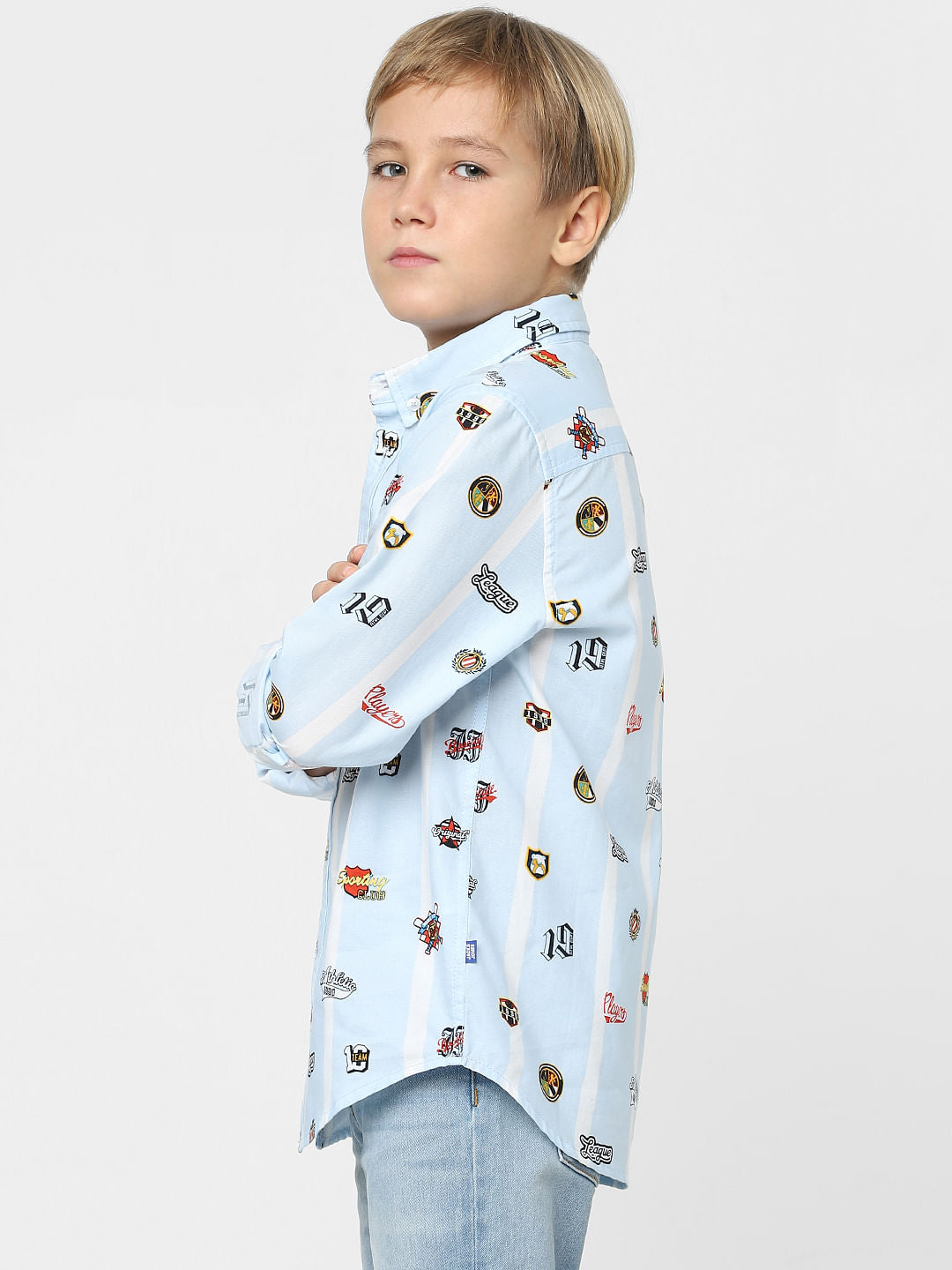 Boys Blue Badge Print Full Sleeves Shirt