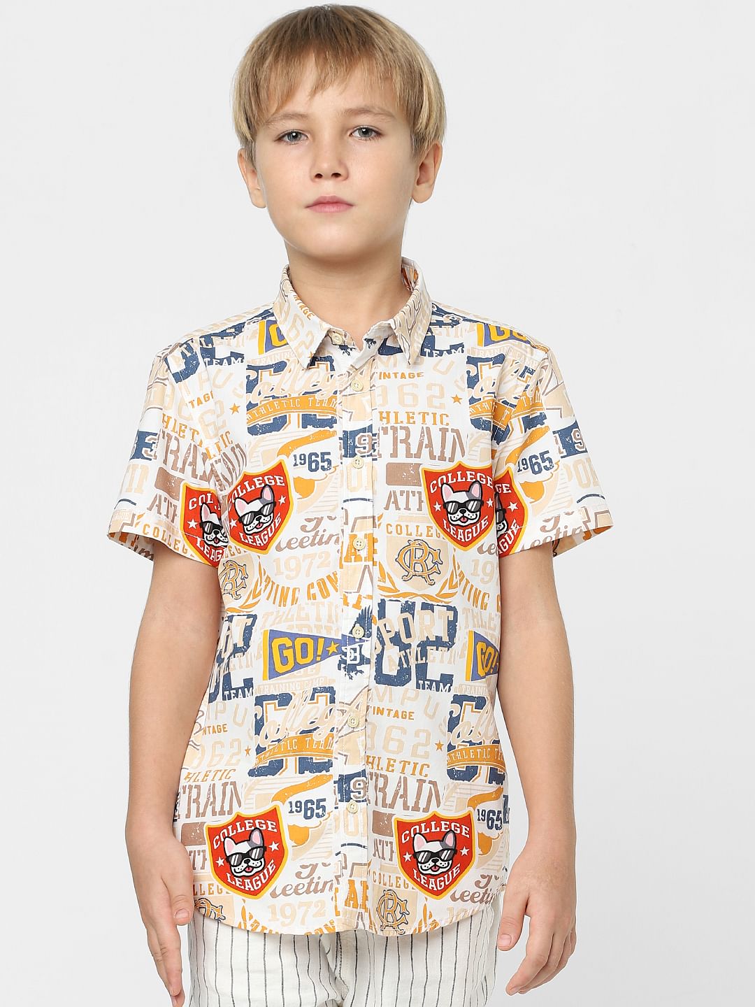 Boys White College League Print Shirt