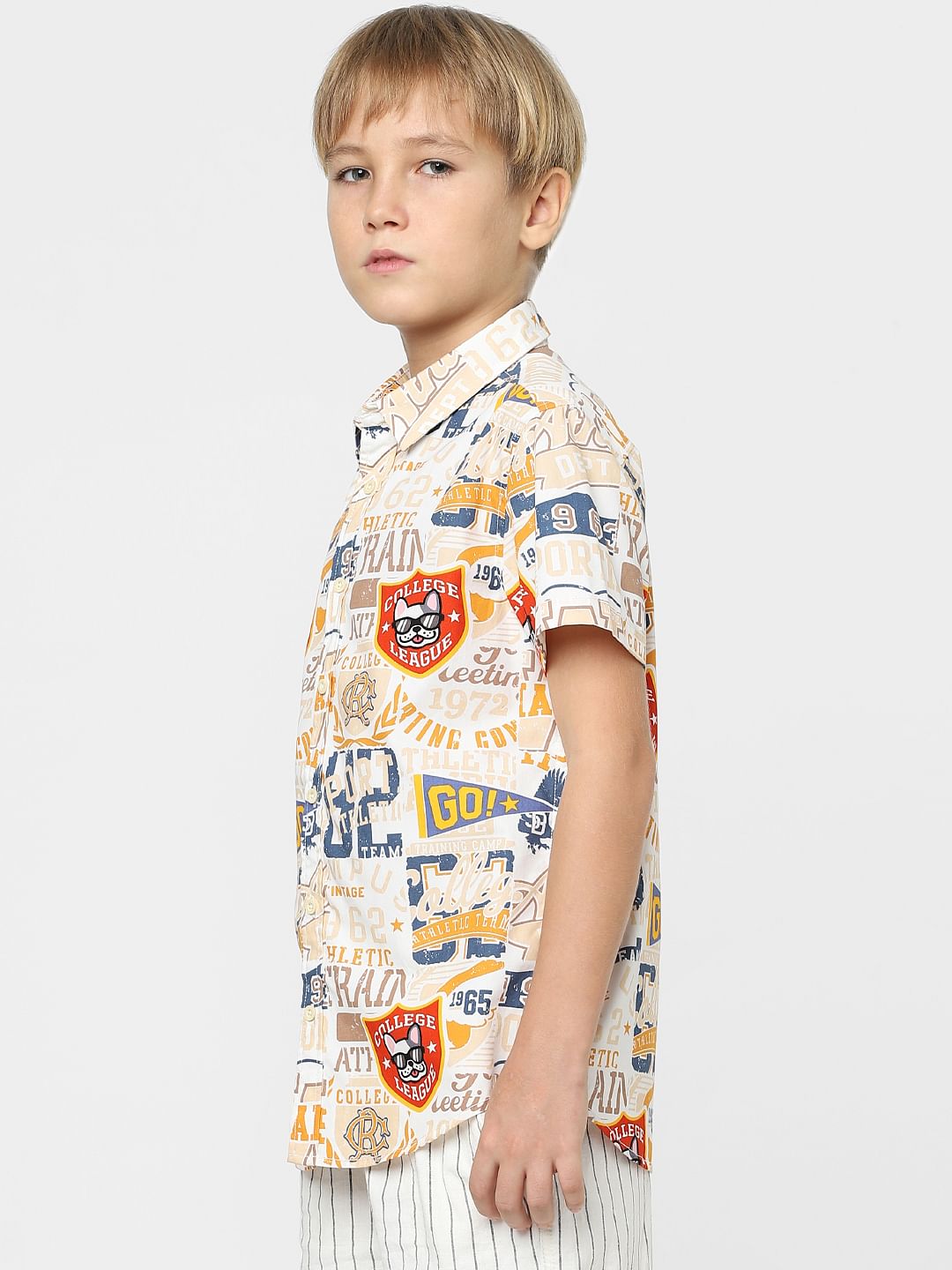 Boys White College League Print Shirt