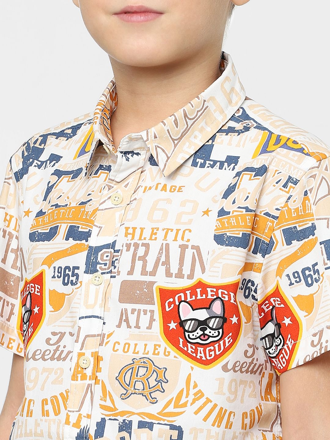Boys White College League Print Shirt