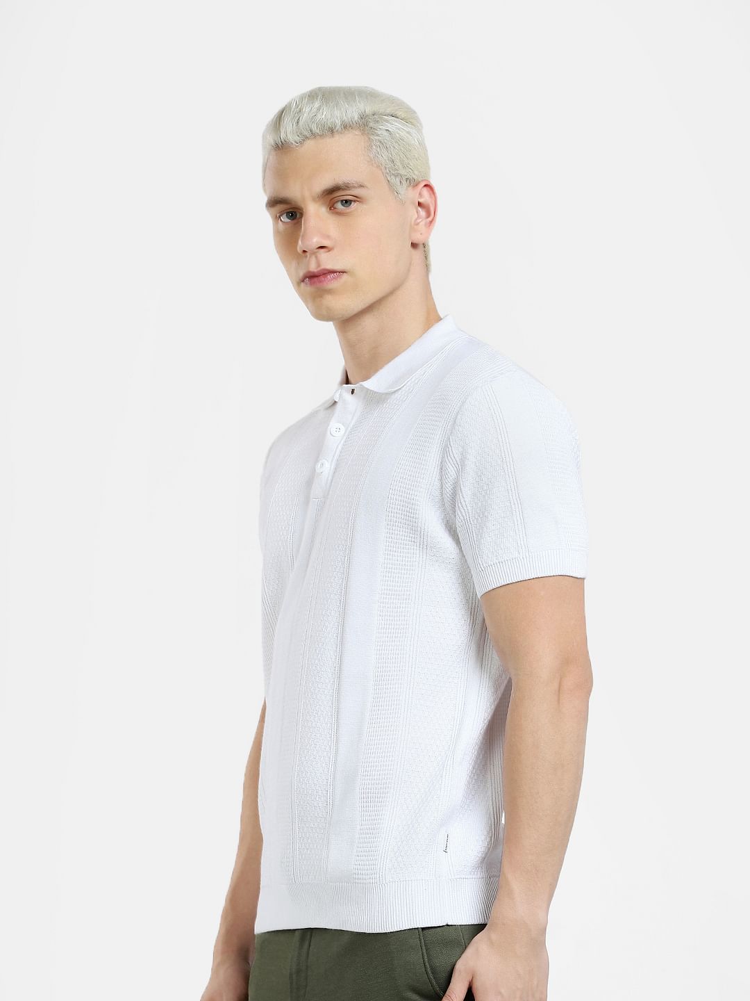 White Textured Polo Neck T-shirt