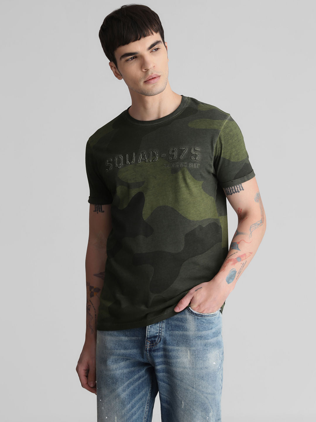 Green Camo Print Crew Neck T-shirt