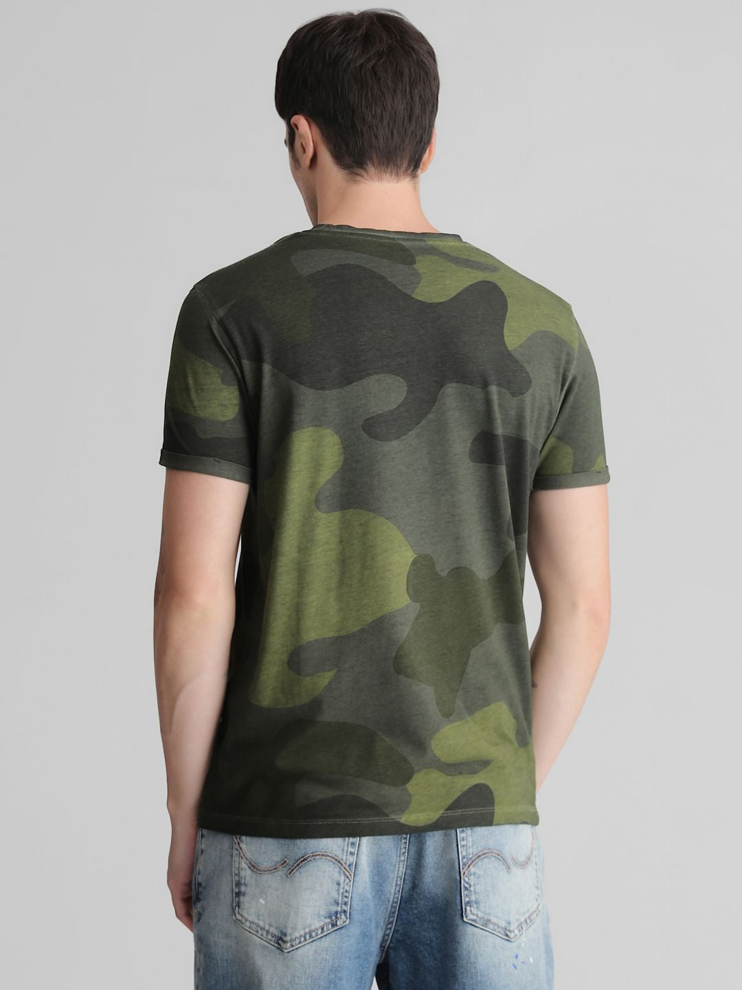 Green Camo Print Crew Neck T-shirt