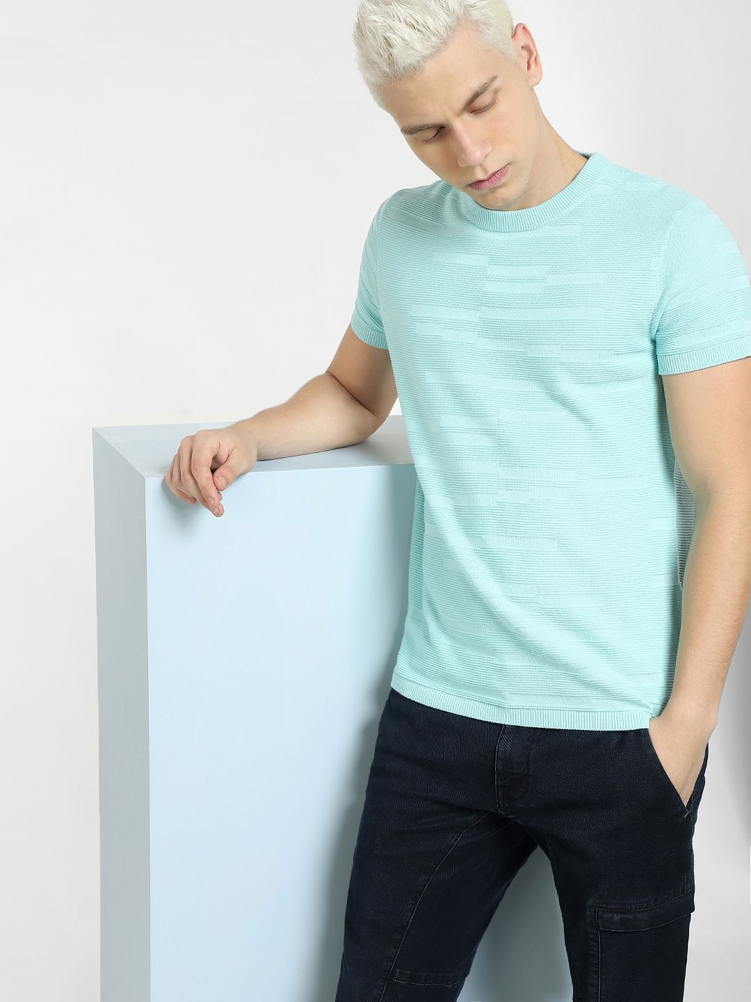 Blue Knit Crew Neck T-shirt