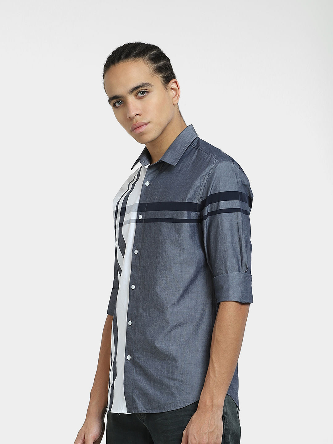 Blue Colourblocked Full Sleeves Shirt