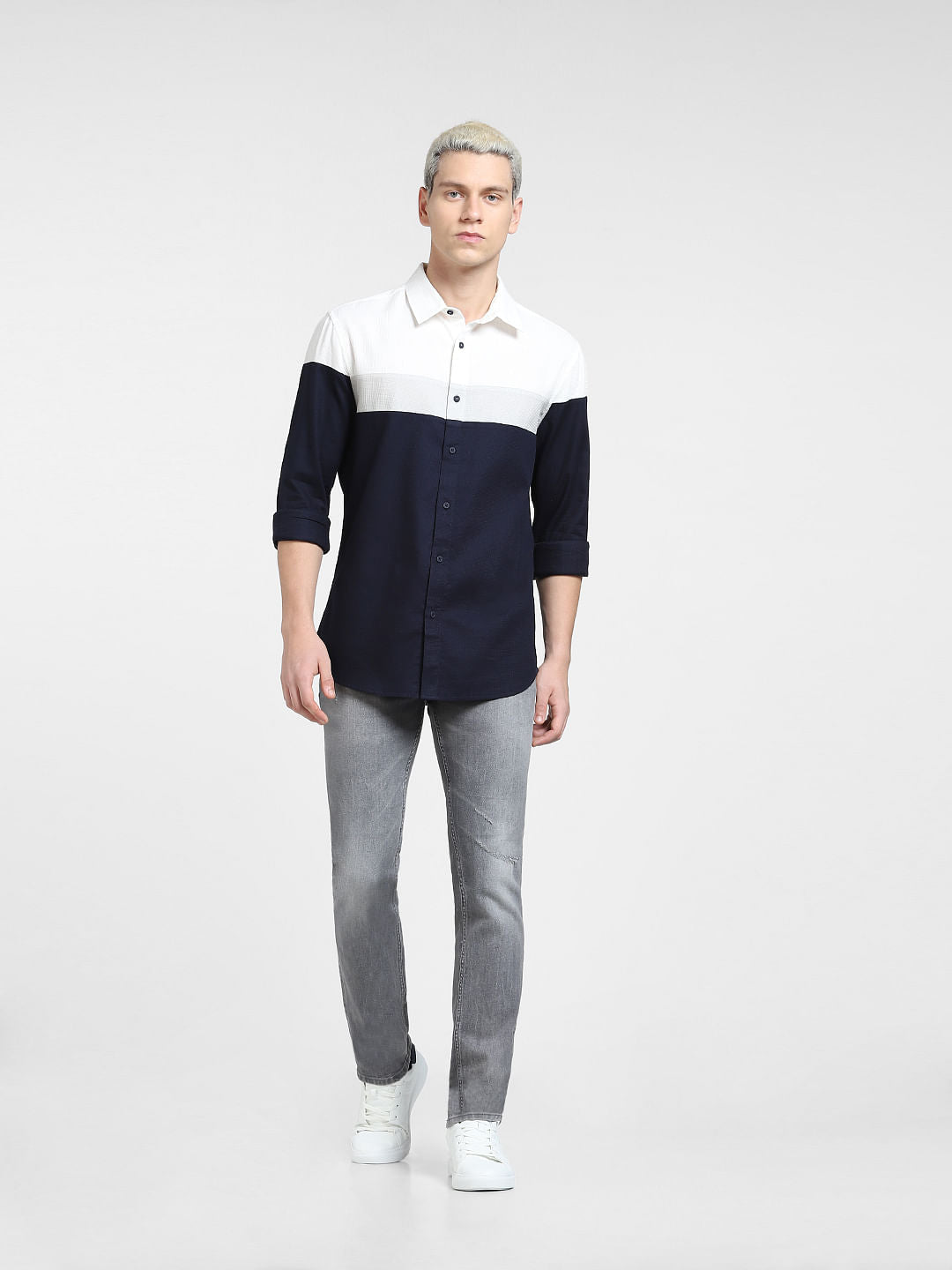 Blue Colourblocked Full Sleeves Shirt