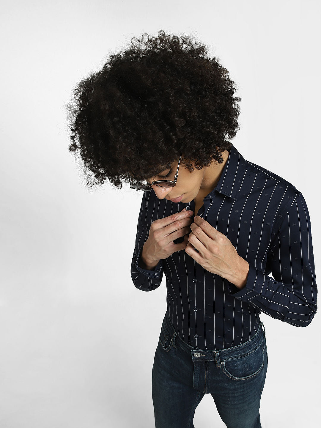 Navy Blue Striped Full Sleeves Shirt
