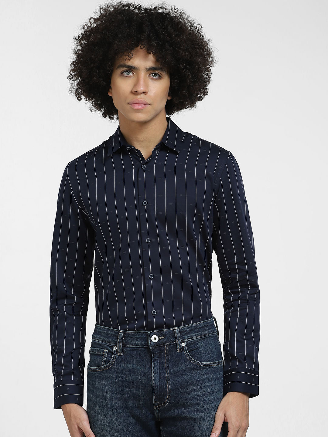 Navy Blue Striped Full Sleeves Shirt